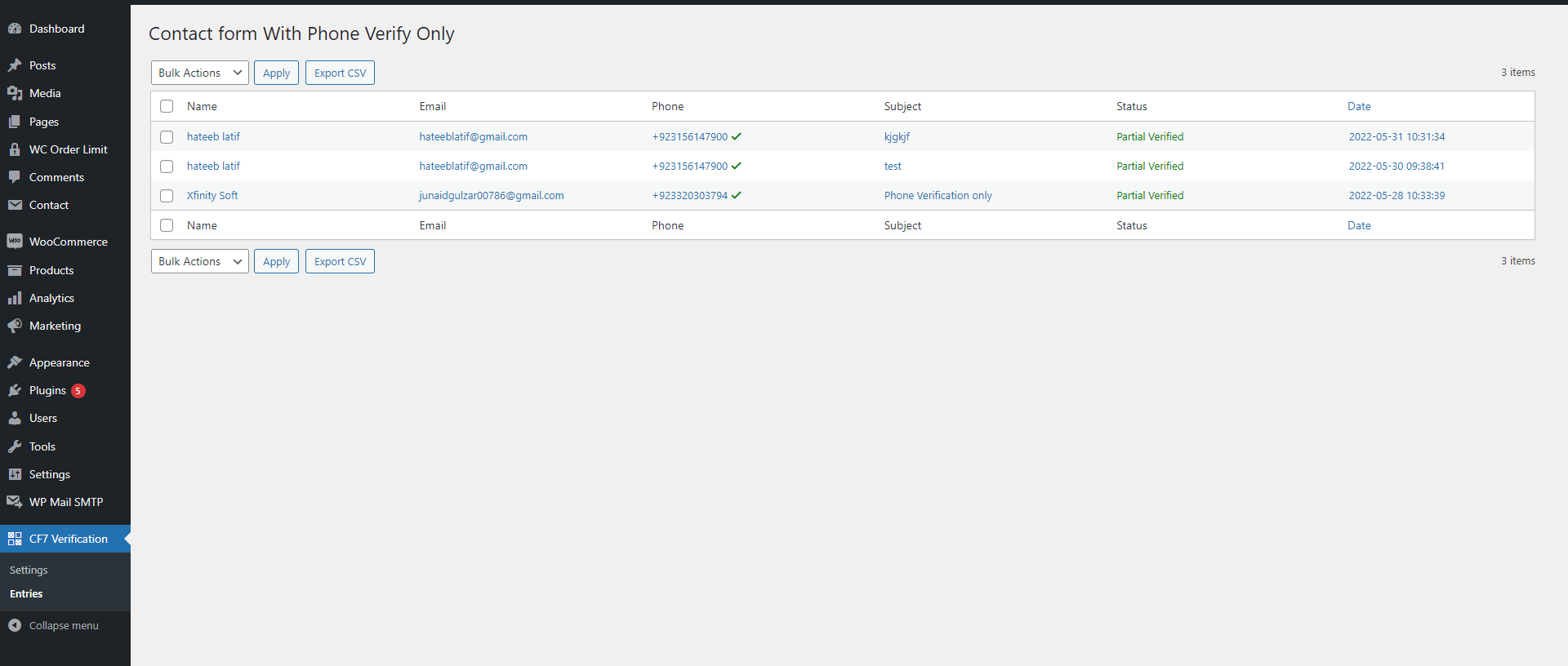 Contact Form 7 Verification  - Submitted Entries