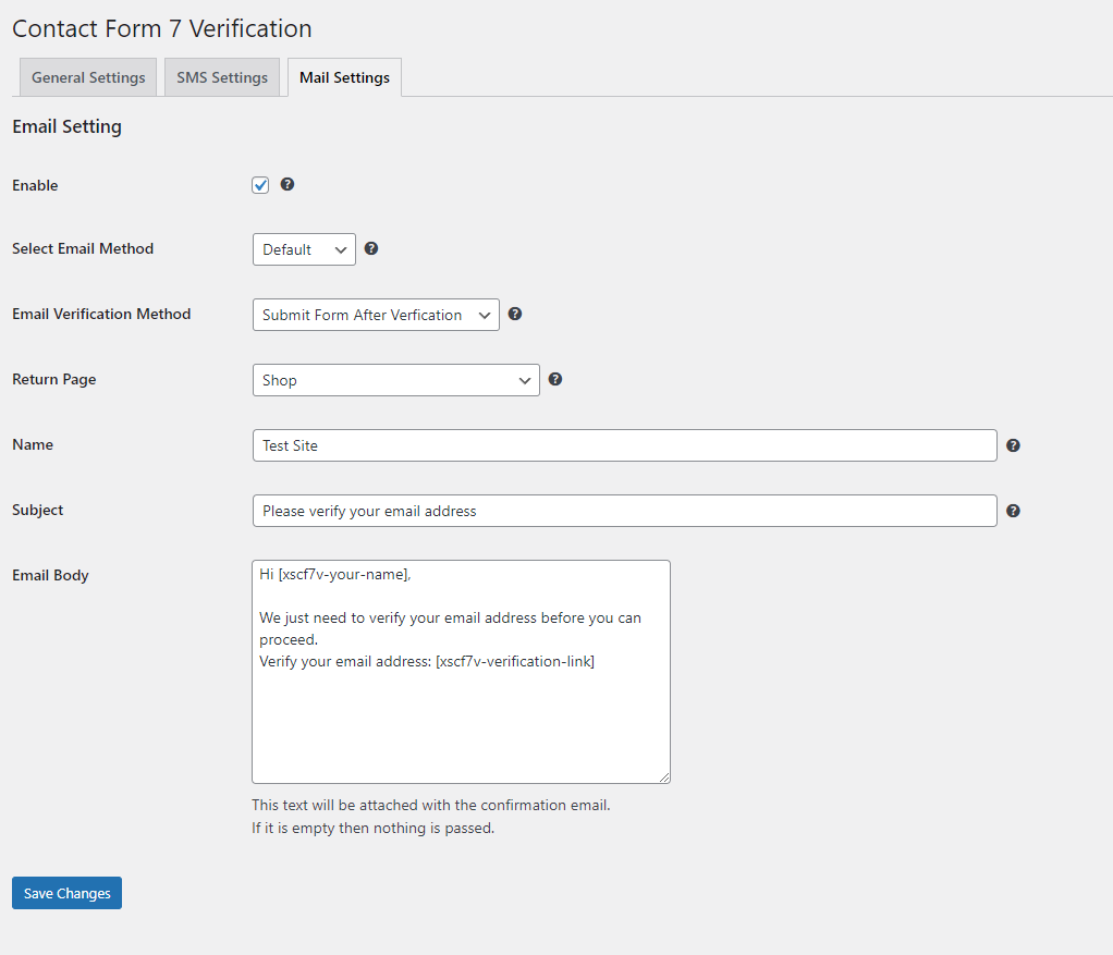 Contact Form 7 Verification  - Mail Settings