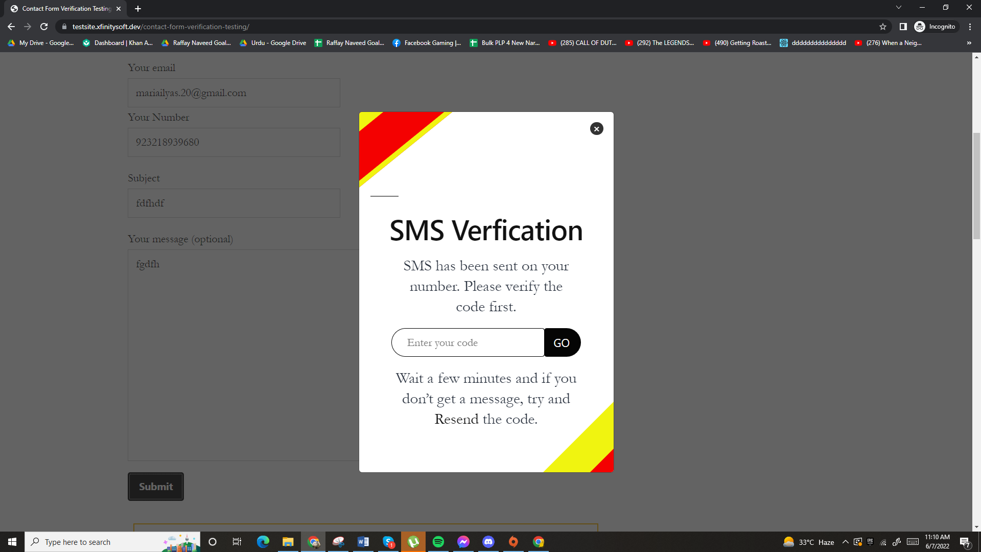 Contact Form 7 Verification  - SMS Popup