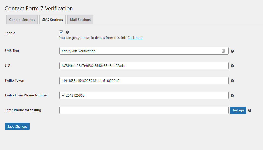 Contact Form 7 Verification  - Sms Settings