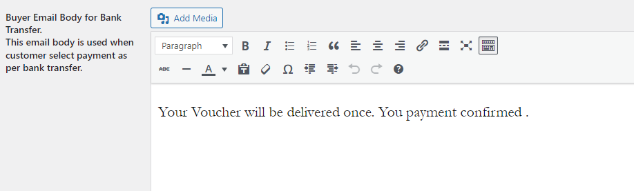 WordPress Gift Voucher  - Buyer Email Body For Bank Transfer