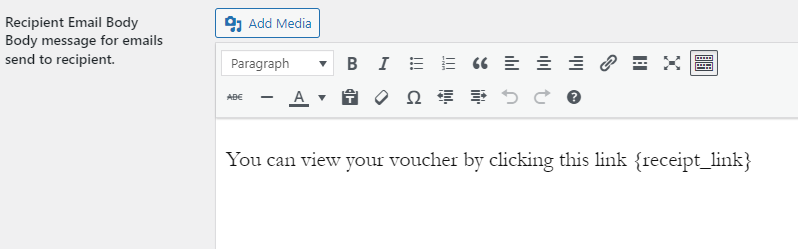 WordPress Gift Voucher  - Recipient Email Body