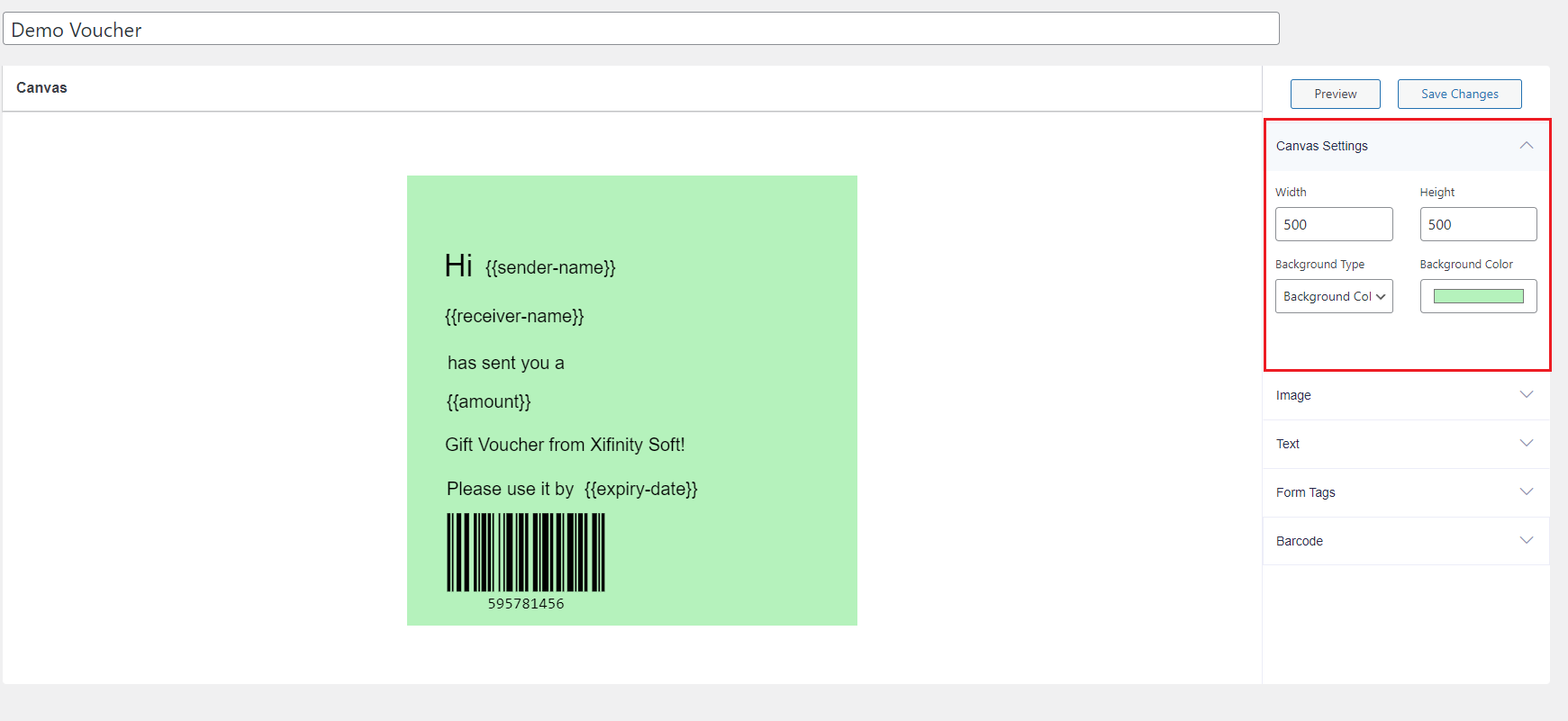 WordPress Gift Voucher  - Voucher Template Canvas Settings