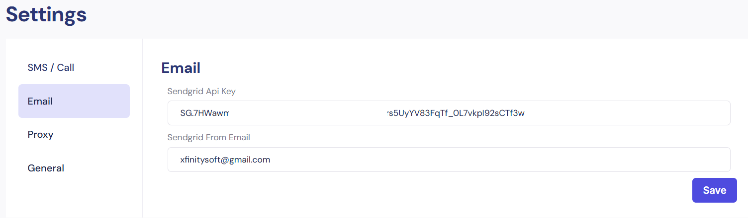 Settings Email Interface