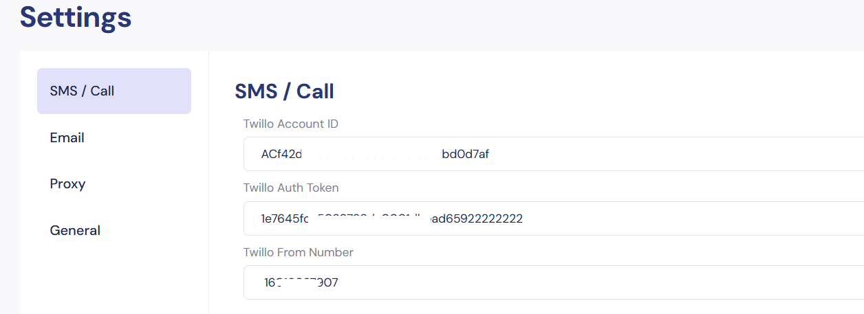 Settings SMS Interface